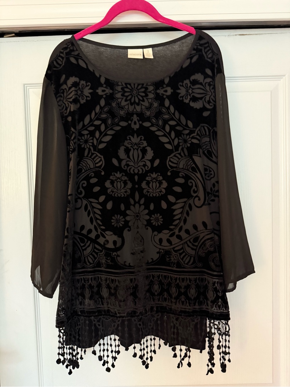 Chico's Black Velvet Burnout Tunic with Fringe